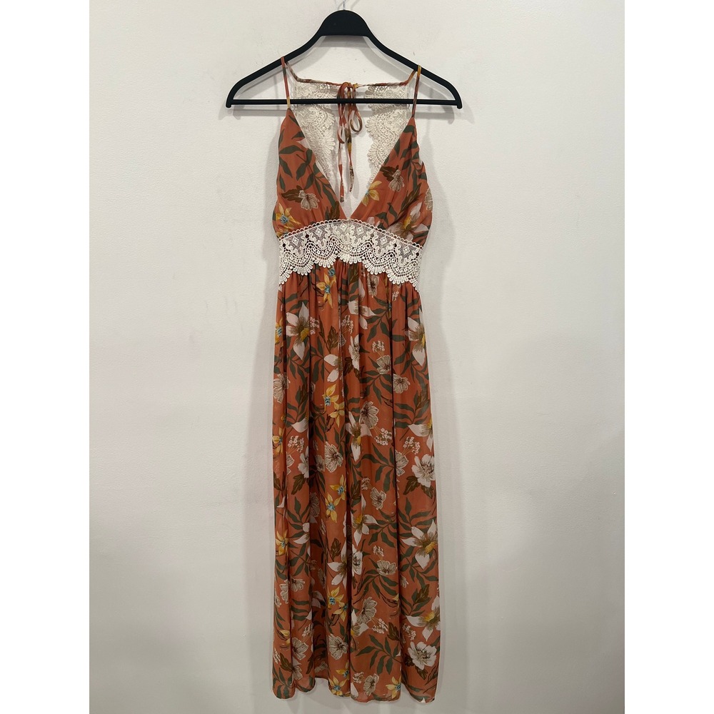 Love Tree Maxi Dress Womens Sundress Terracotta Floral Boho Lace Accent Medium